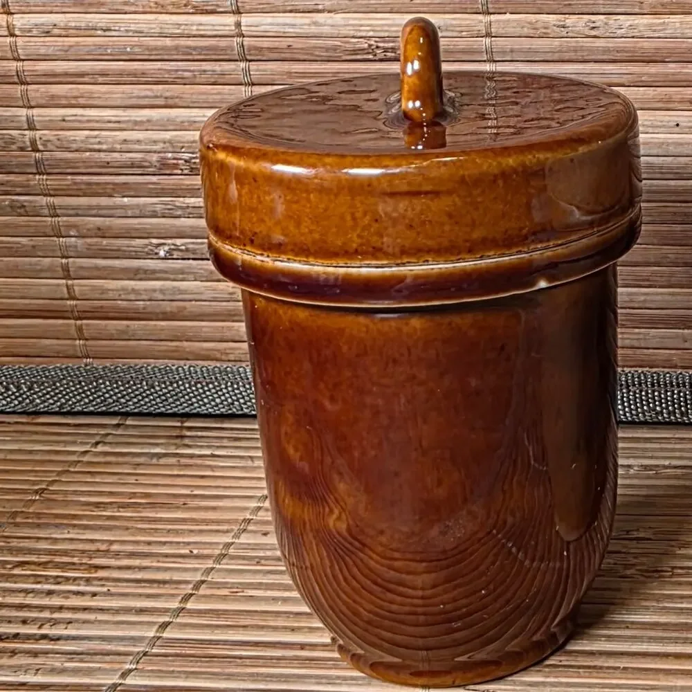 Vintage Kitchener England Brown Stoneware Egg Coddler Covered Egg Cup